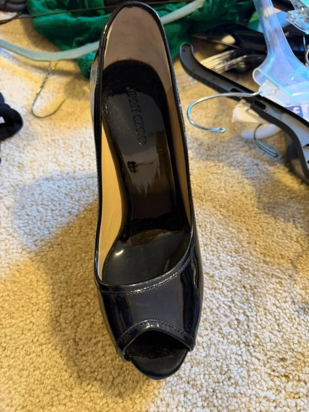 Jimmy Choo Black Patent Cork Wedge Peep Toe Pumps